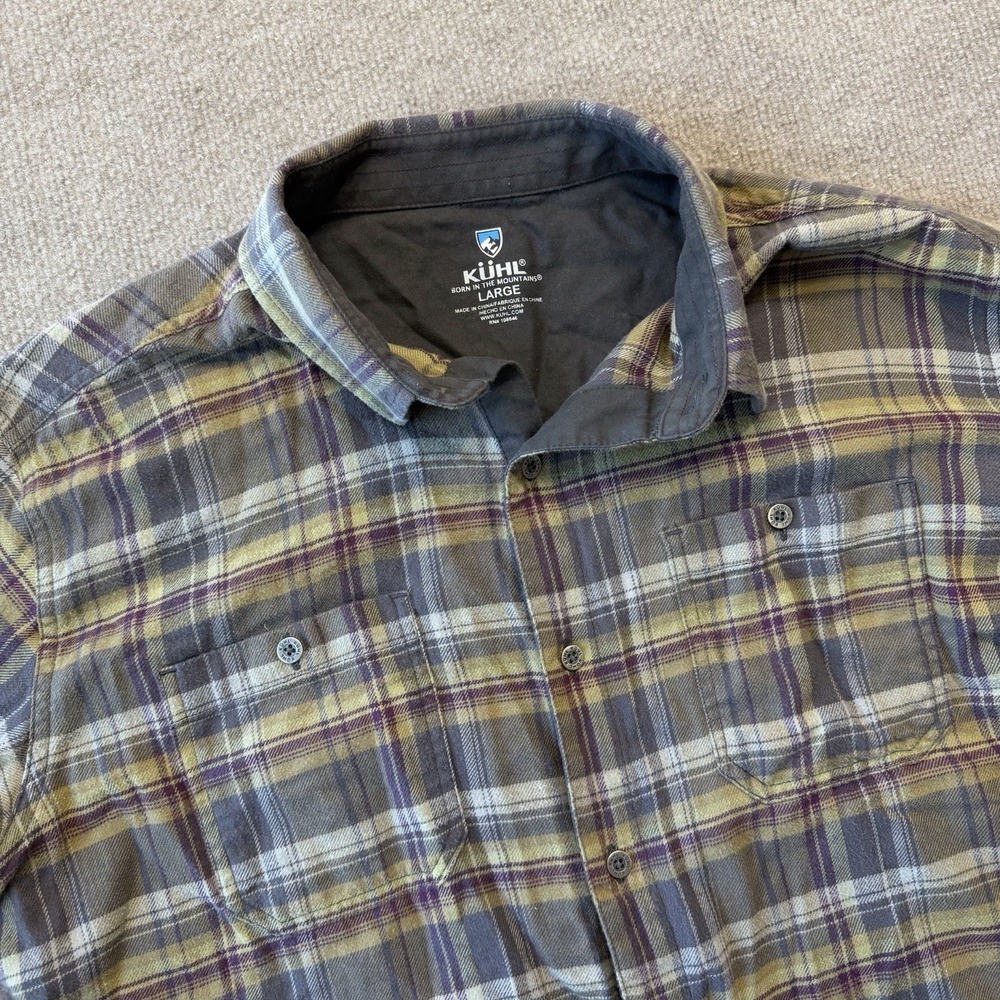 Kuhl Dillingr Flannel Shirt Men's L Brown Grey Plaid Button Down Two Pockets